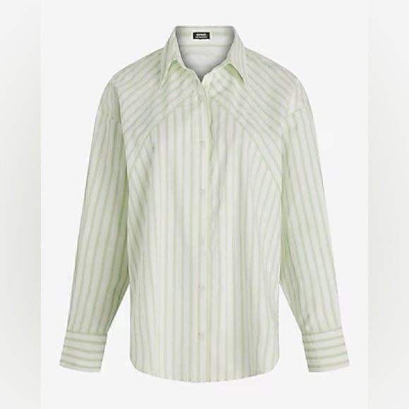 NWT Express Portofino Poplin Boyfriend Green Stripe button up - Picture 1 of 7